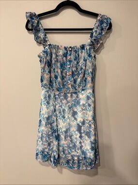 Paper Crane Blue & Pink Printed Ruffled Sleeve Dress